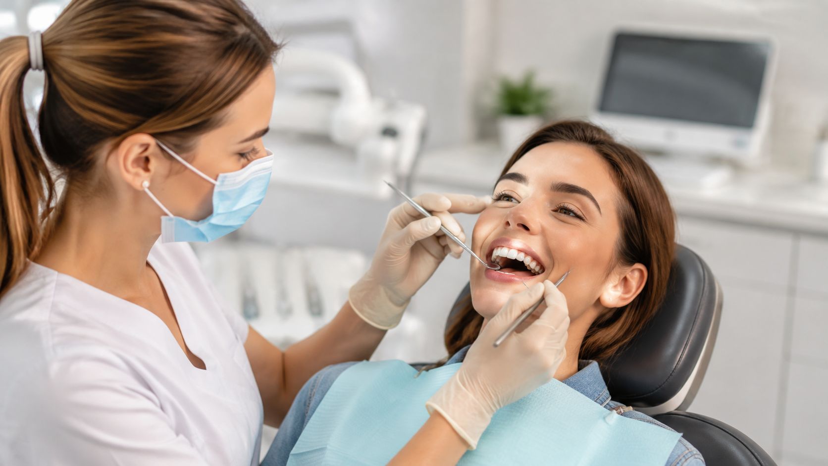 A professional dentist wearing a mask examines a smiling patient's teeth during a regular dental checkup.