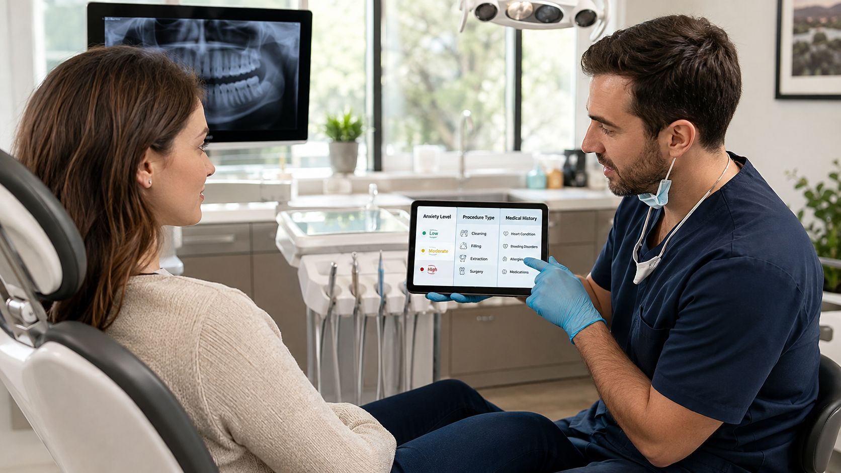 A dentist discusses dental procedure options and patient history with a female patient using a digital tablet.