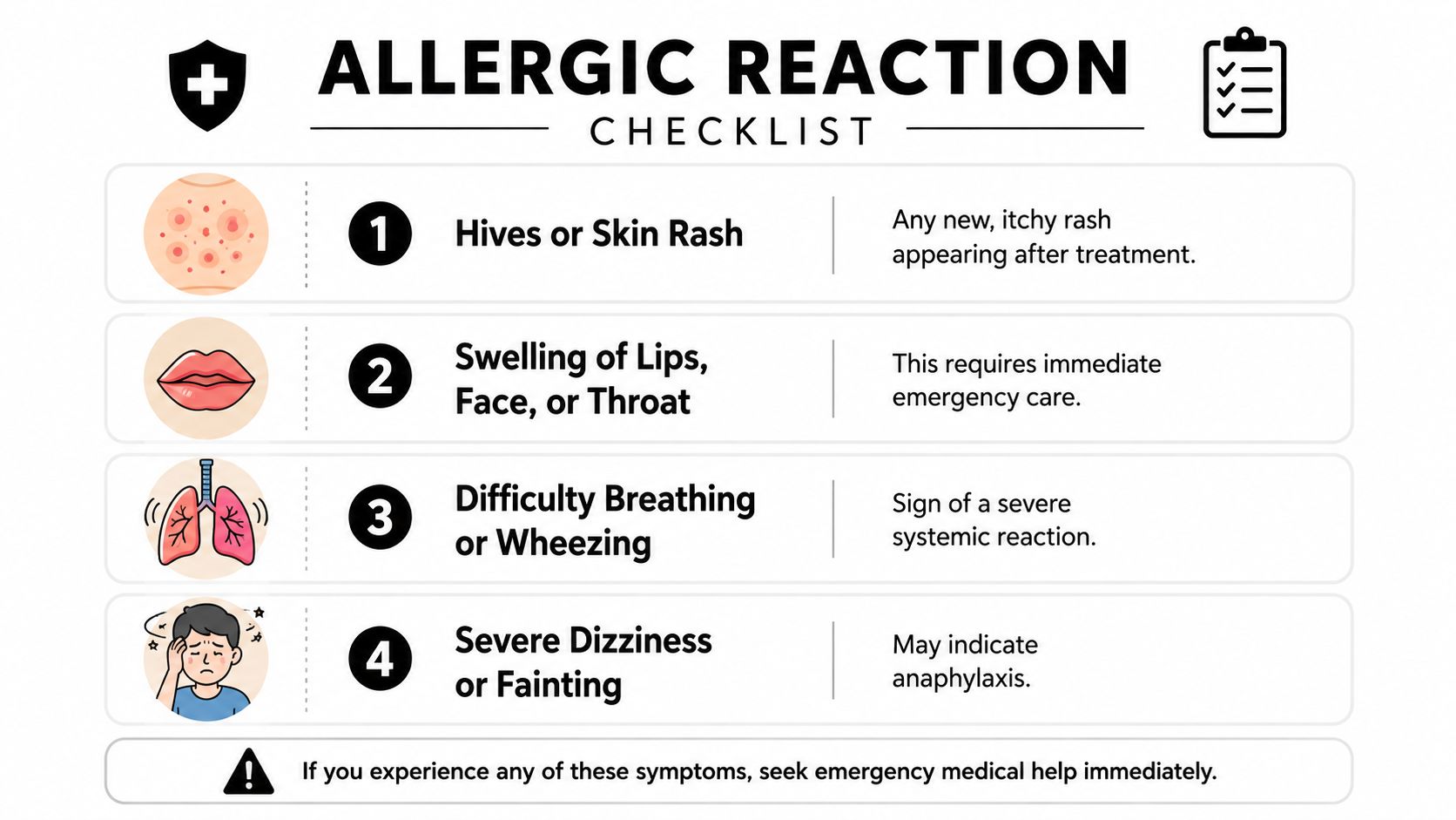 An infographic checklist for identifying symptoms of an allergic reaction that require immediate medical attention.