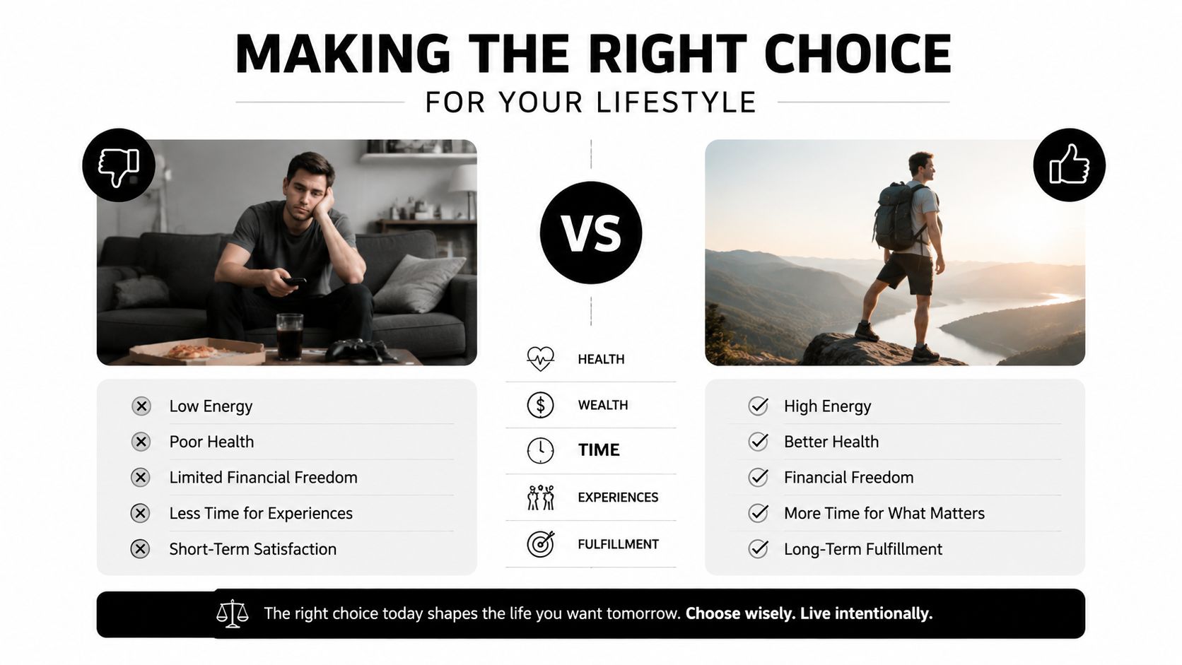 A comparison graphic showing a stagnant, unhealthy lifestyle versus an active, fulfilling lifestyle with outdoor scenery.