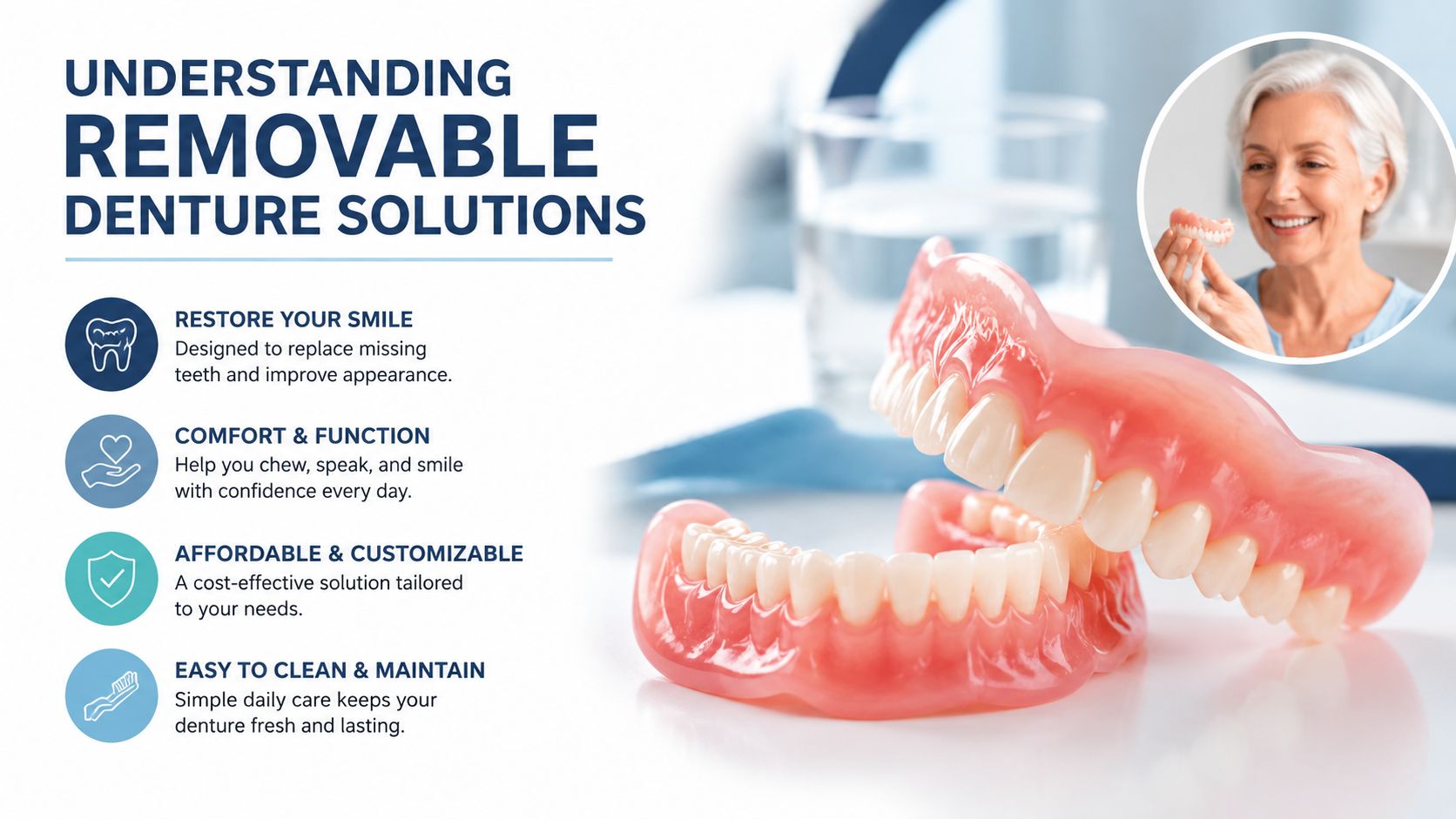 A dental education infographic about the benefits of removable dentures, featuring a smiling woman and denture sets.