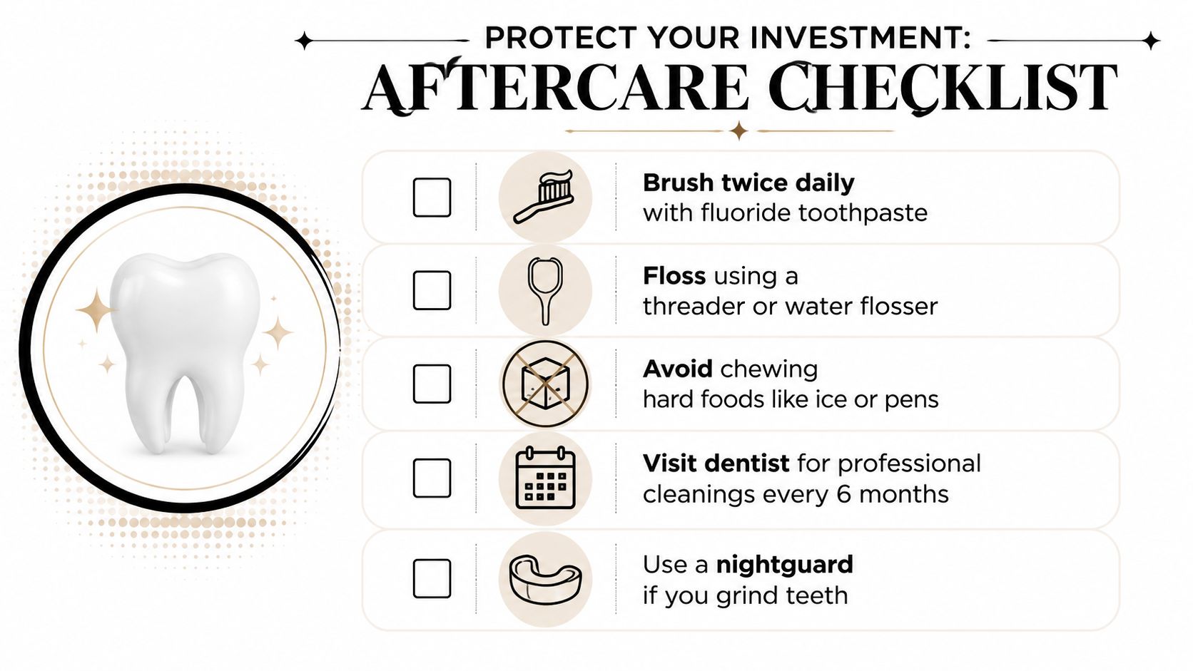 An infographic checklist for dental care featuring tips like brushing, flossing, and visiting the dentist regularly.