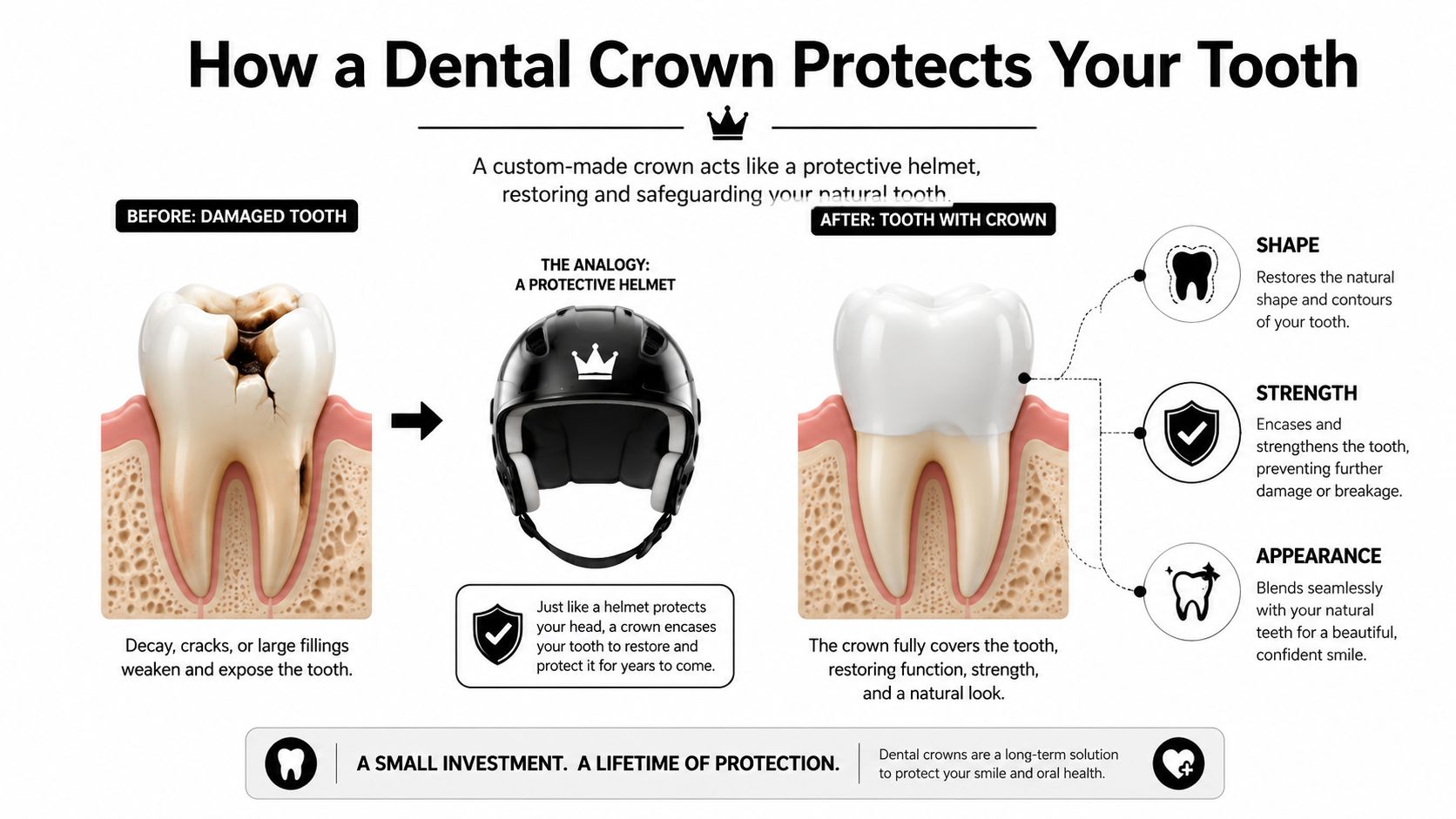 An infographic illustrating how a dental crown protects a damaged tooth by functioning like a protective helmet.