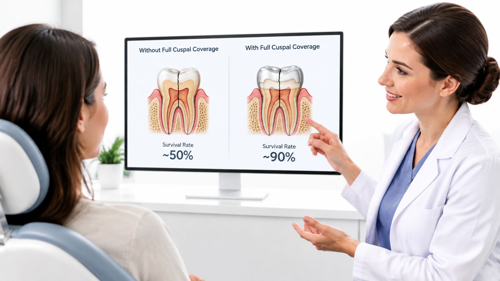 A dentist explaining the survival rates of a cracked tooth with and without full cuspal coverage.