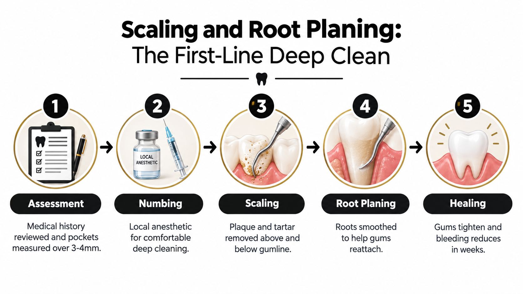 A 5-step infographic explaining the scaling and root planing process for treating gum disease in dentistry.