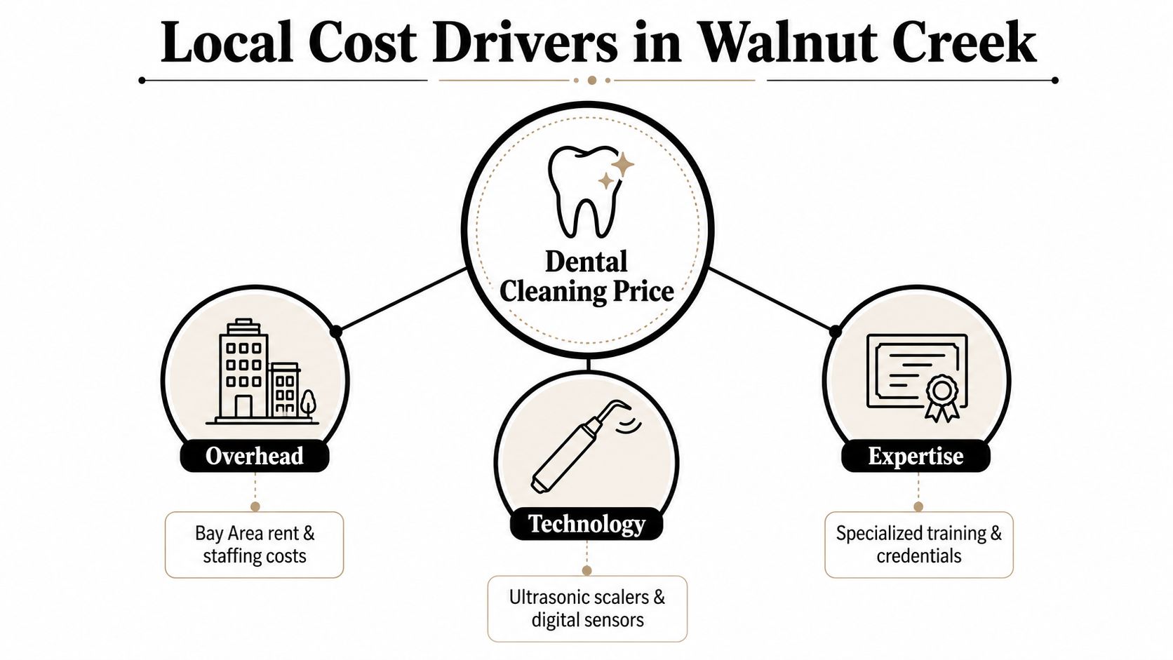 A diagram outlining local cost drivers for dental cleanings in Walnut Creek, including overhead, technology, and expertise.