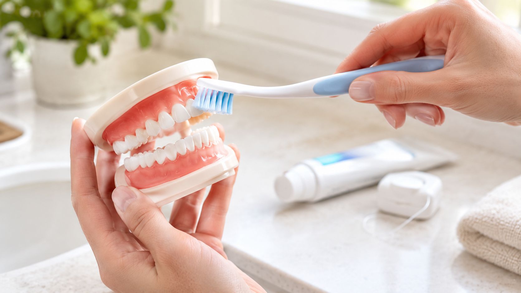 A close-up view of hands demonstrating proper brushing technique on a dental model for oral care education.