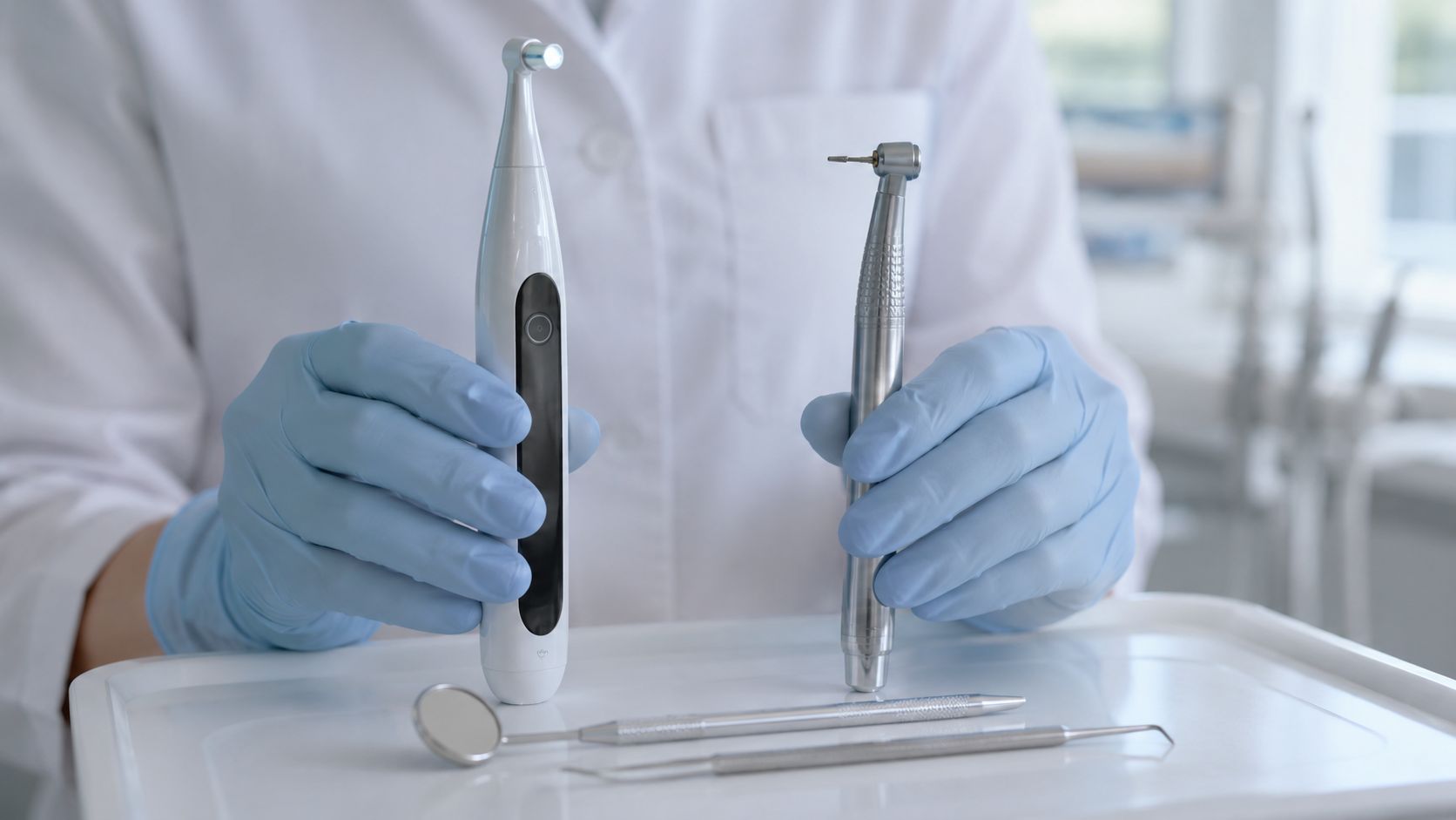 A dentist wearing blue gloves holds advanced dental tools above a tray with manual instruments.