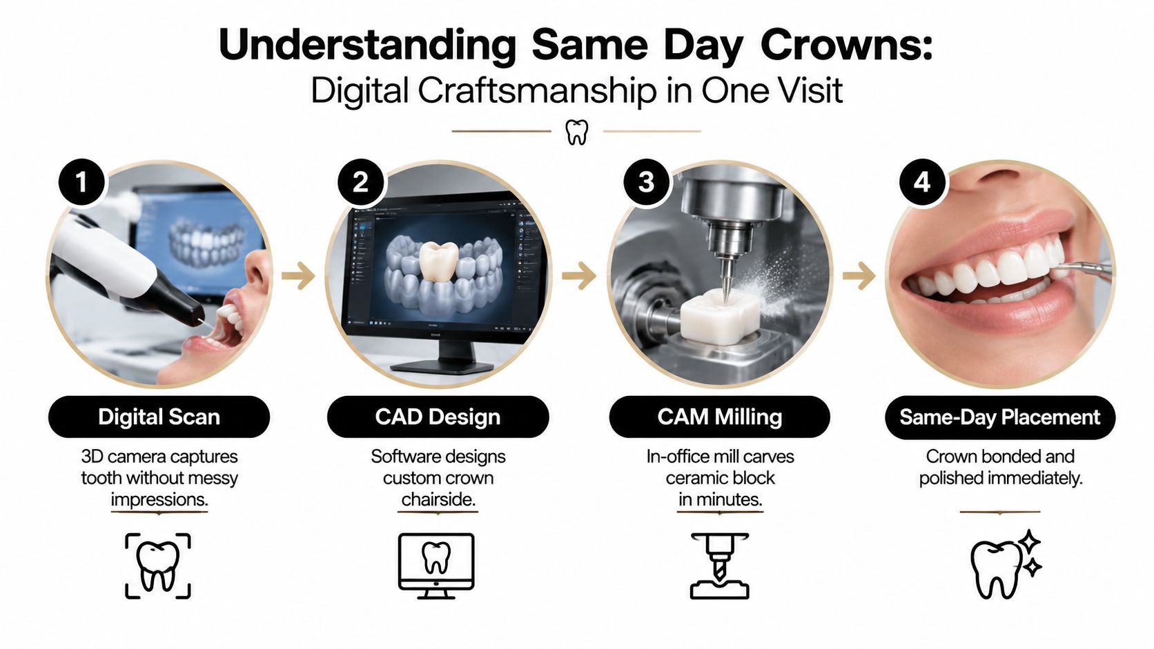 A diagram illustrating the four steps of the same-day dental crown process from digital scanning to final placement.