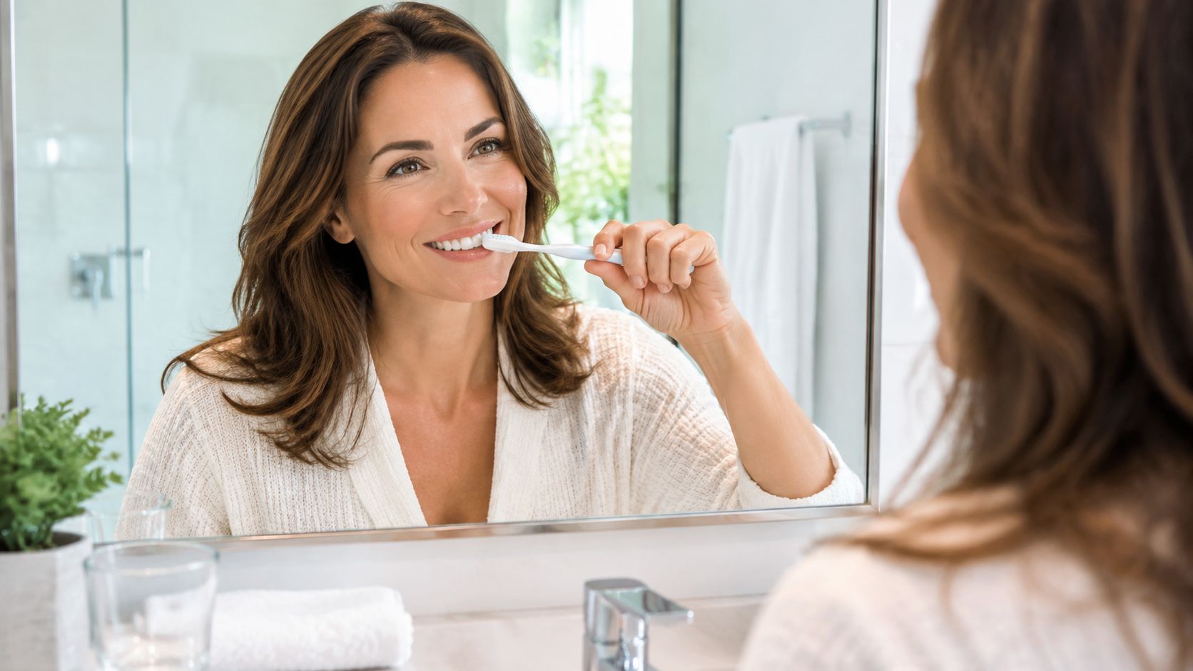 A woman smiling while brushing her teeth in the bathroom mirror in a comfortable white robe.