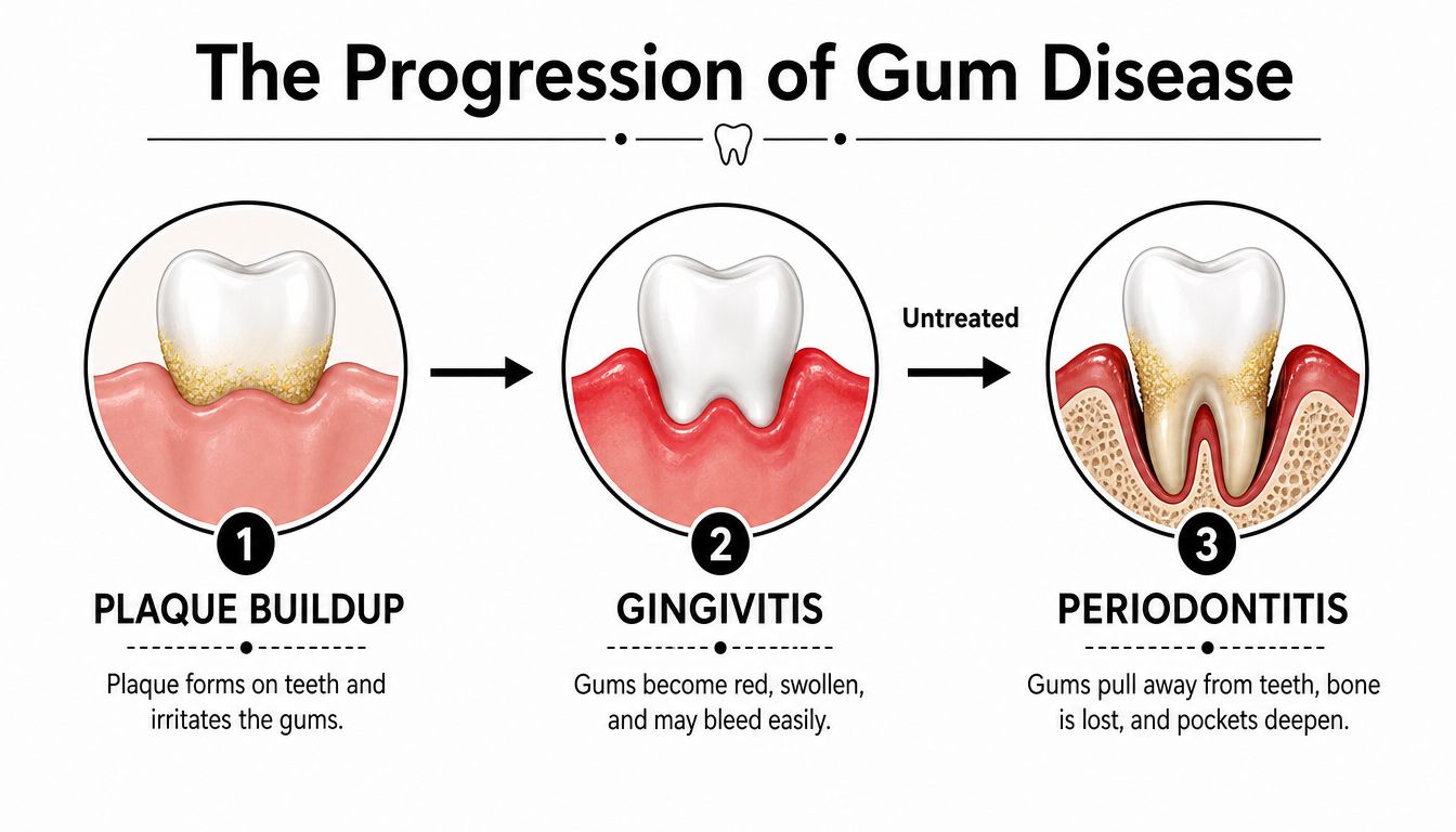 An educational illustration showing the three stages of gum disease progression from plaque buildup to advanced periodontitis.