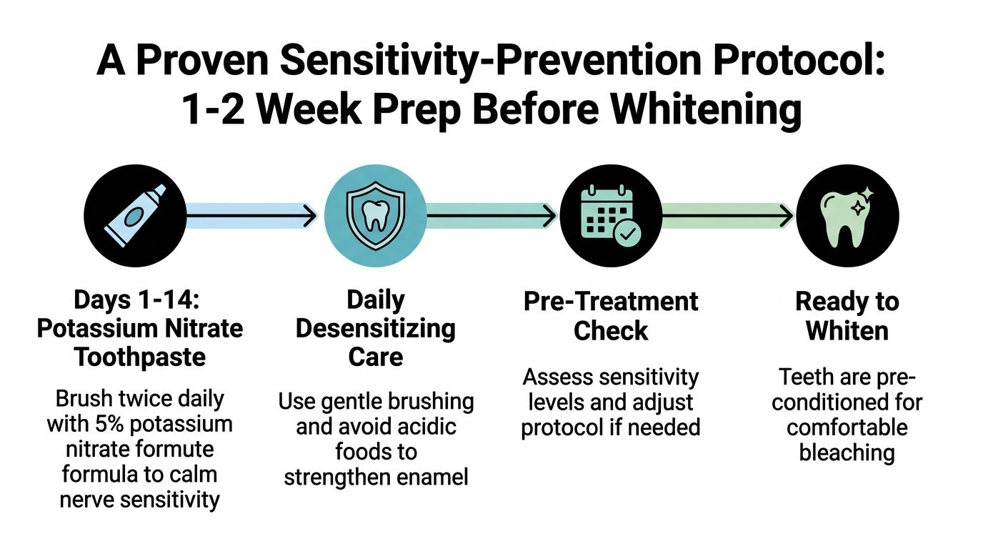 A diagram outlining a 1-2 week sensitivity prevention protocol to prepare for professional teeth whitening treatments.