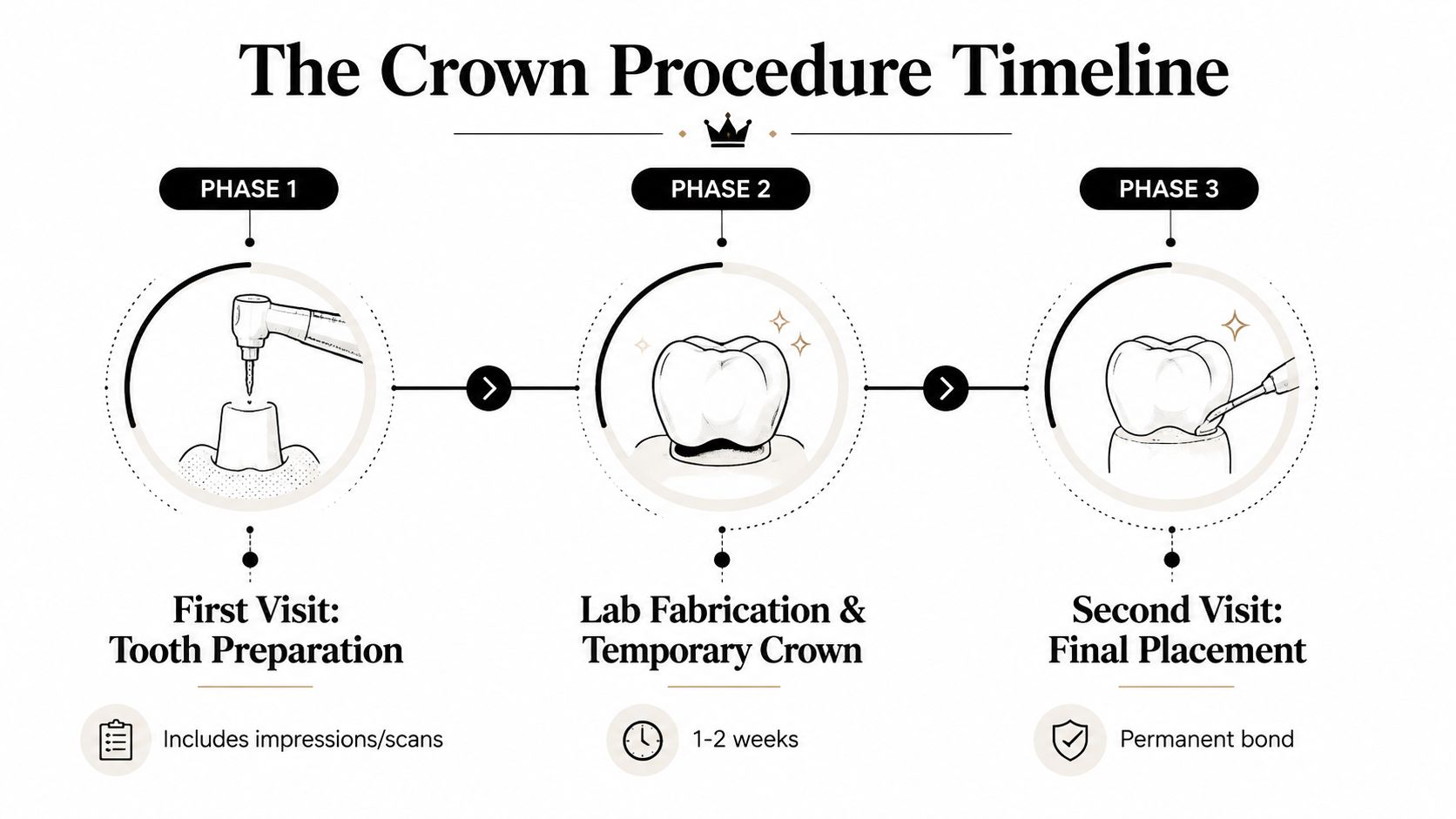 A simplified timeline illustration showing the three-phase dental crown procedure from preparation to final placement.