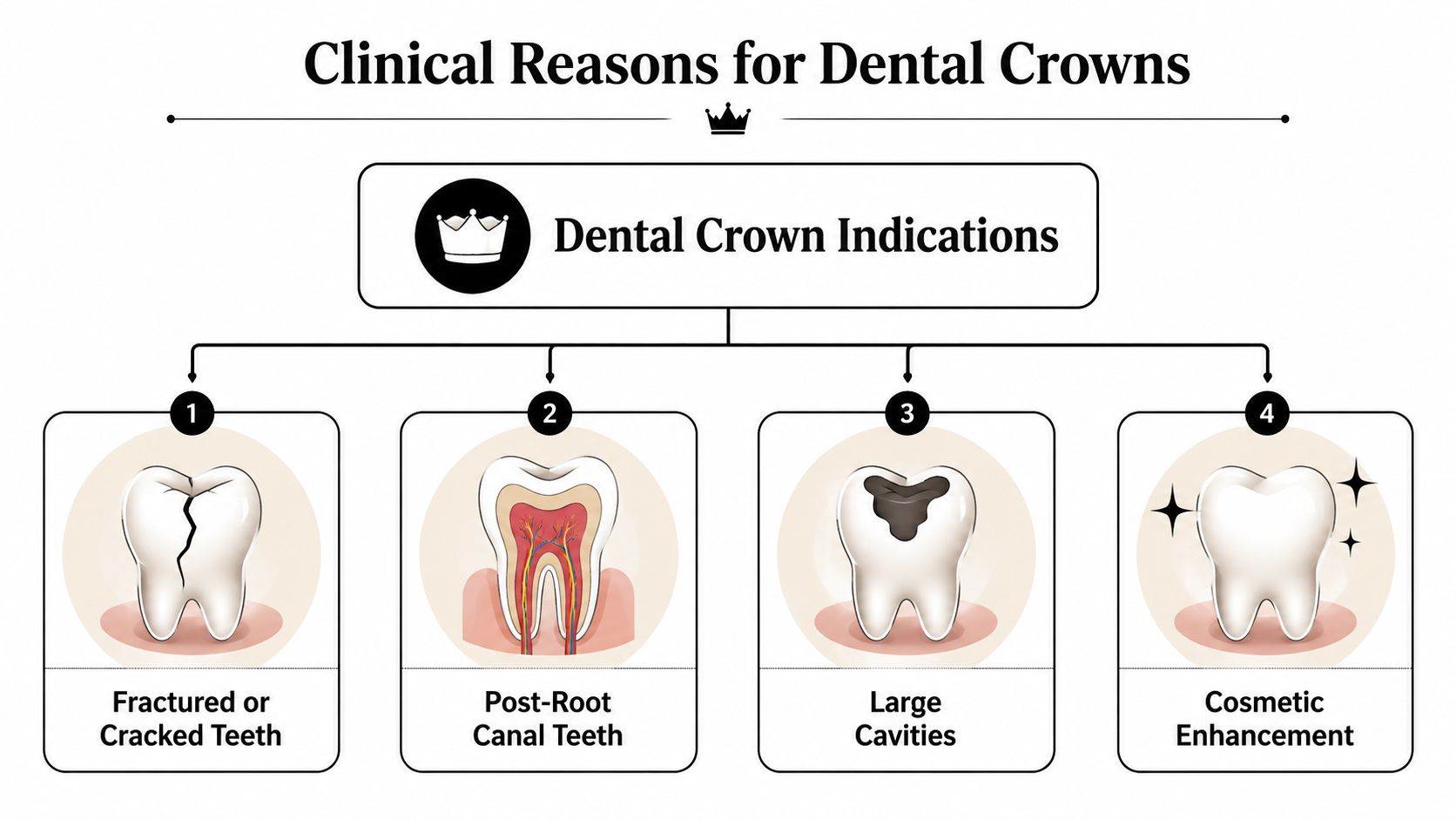 An infographic detailing four primary clinical reasons for needing a dental crown for tooth restoration.