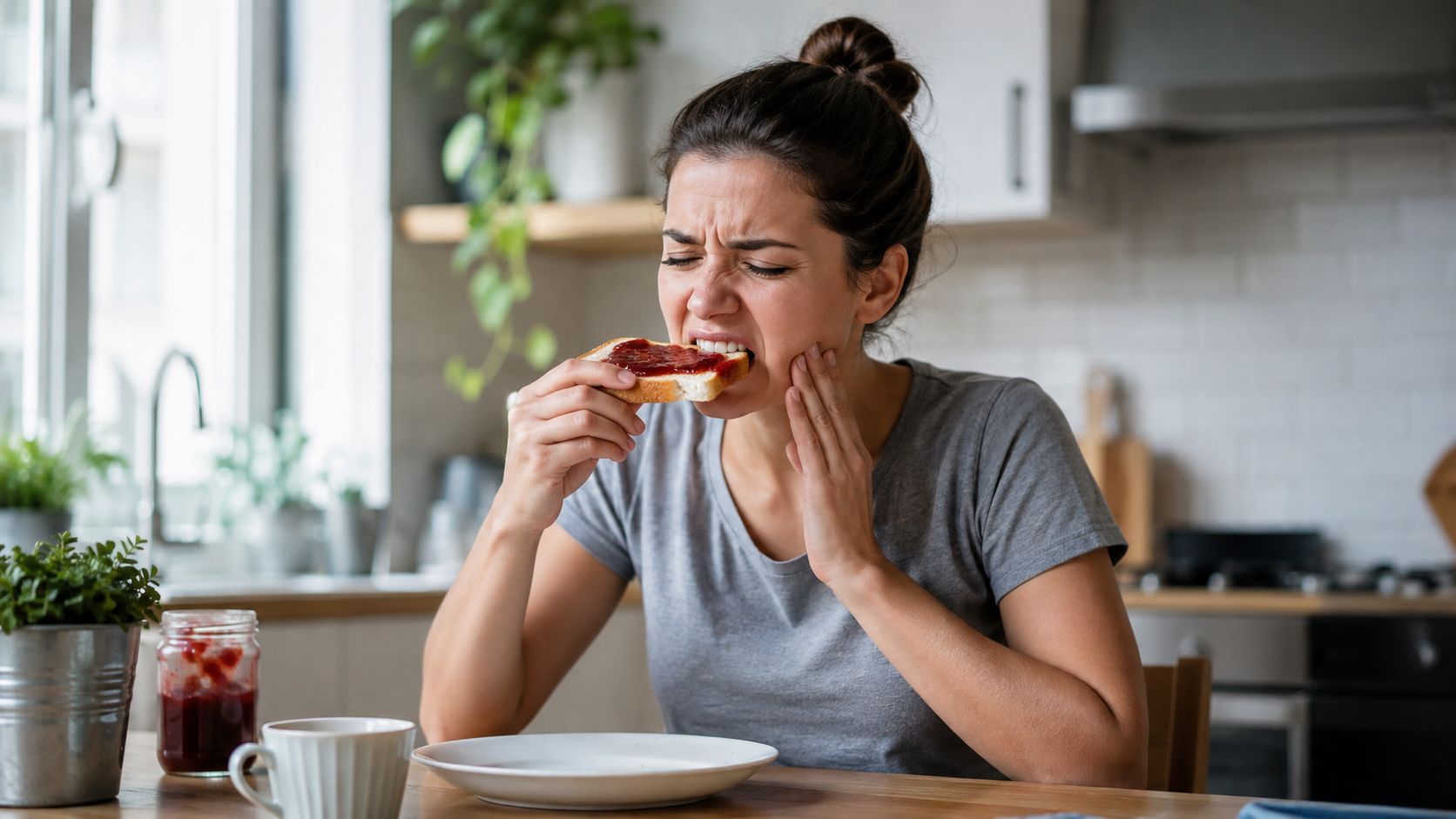 A young woman holding her cheek in pain while eating a piece of toast with jam.